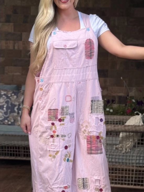 Blue Velvet Pants - NWT BLUE VELVET Pink Patchwork Overalls EMBROIDERED FLOWERS LARGE Bluevelvet